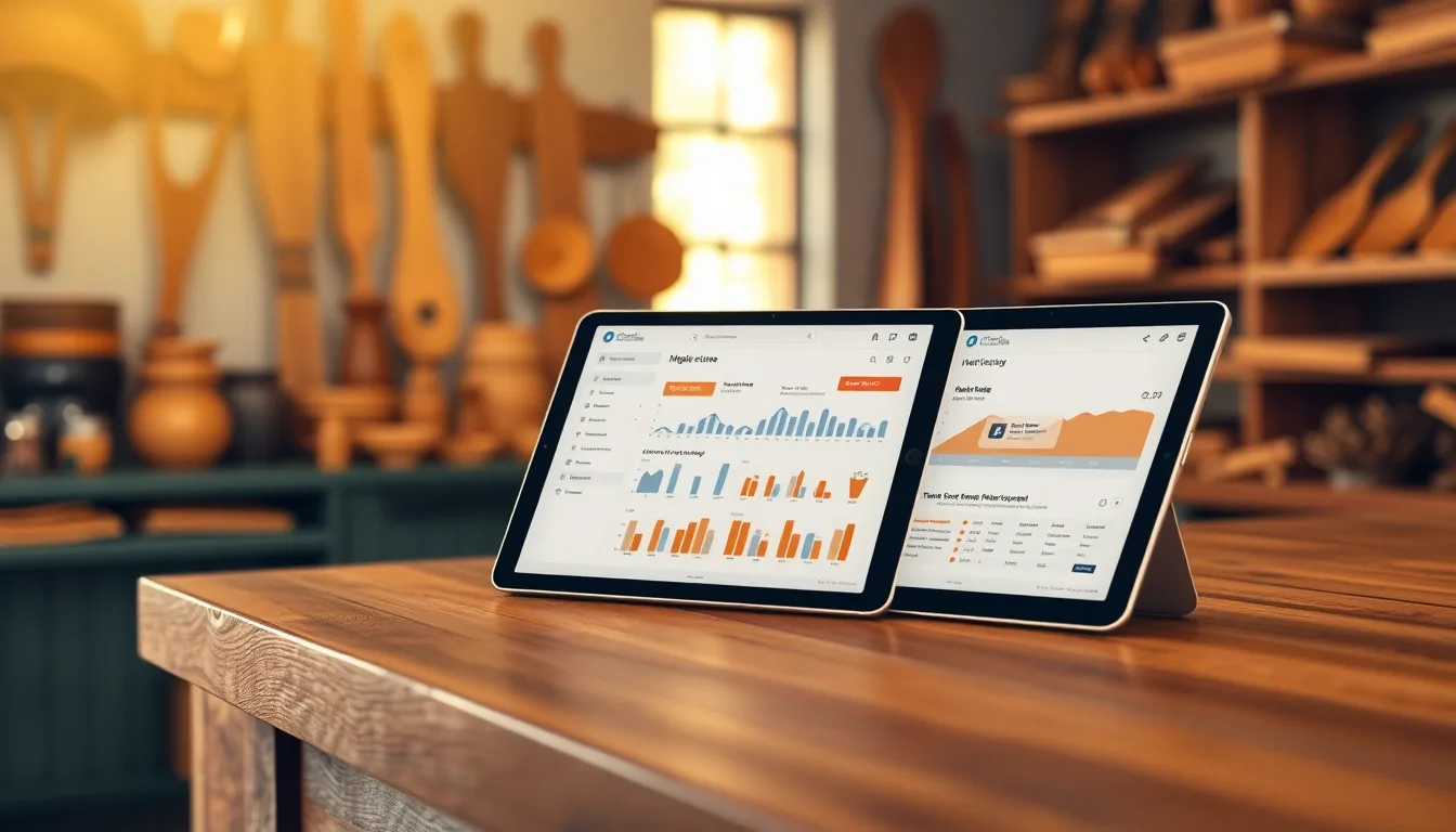 MapleBuy e-commerce dashboard on a tablet at a Canadian artisan shop counter with handcrafted products in soft focus