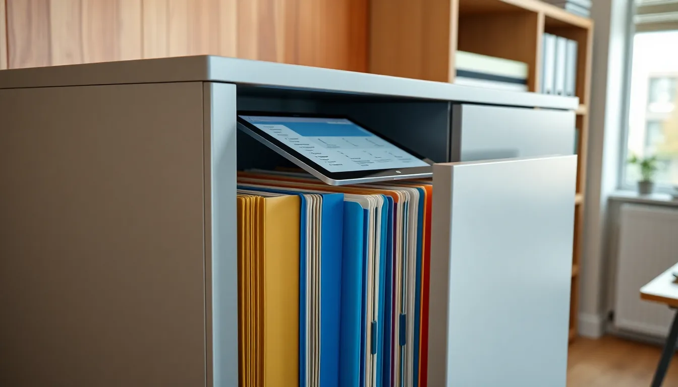 MapleCabinet document management interface on a tablet atop a sleek modern filing cabinet with organized colored folders