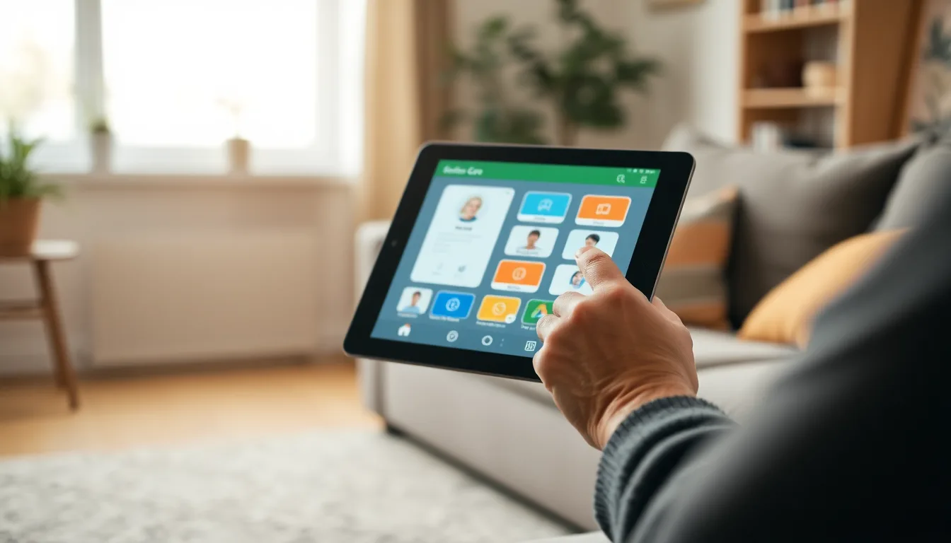 MapleCare senior care app interface on a tablet held by an elderly persons hand in a comfortable Canadian home living room