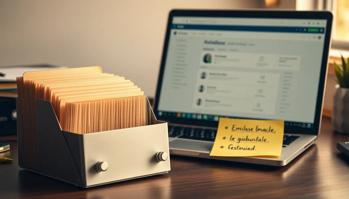 MapleContacts CRM interface on a laptop next to a vintage Rolodex with bilingual English-French sticky notes in a Canadian office