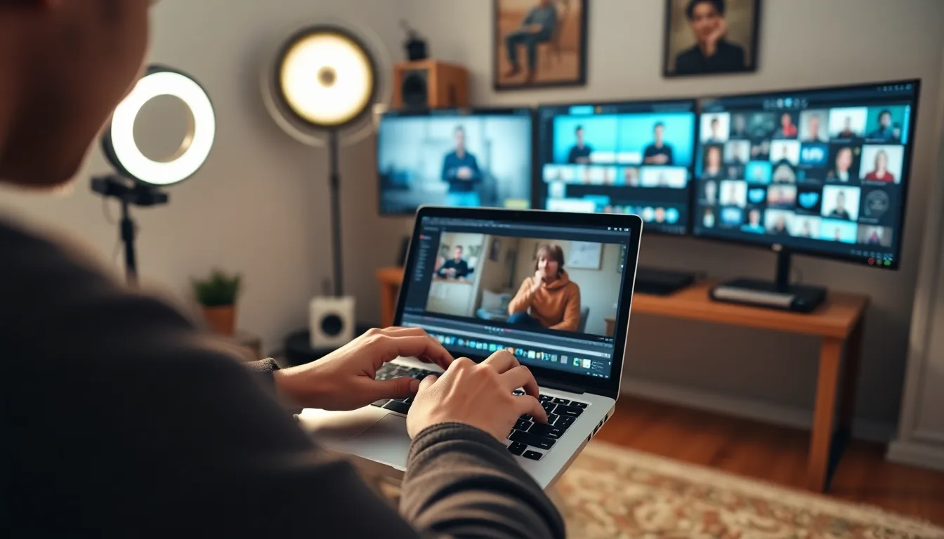 MapleCreator multi-platform publishing dashboard on a laptop in a Canadian content creator home studio with ring light