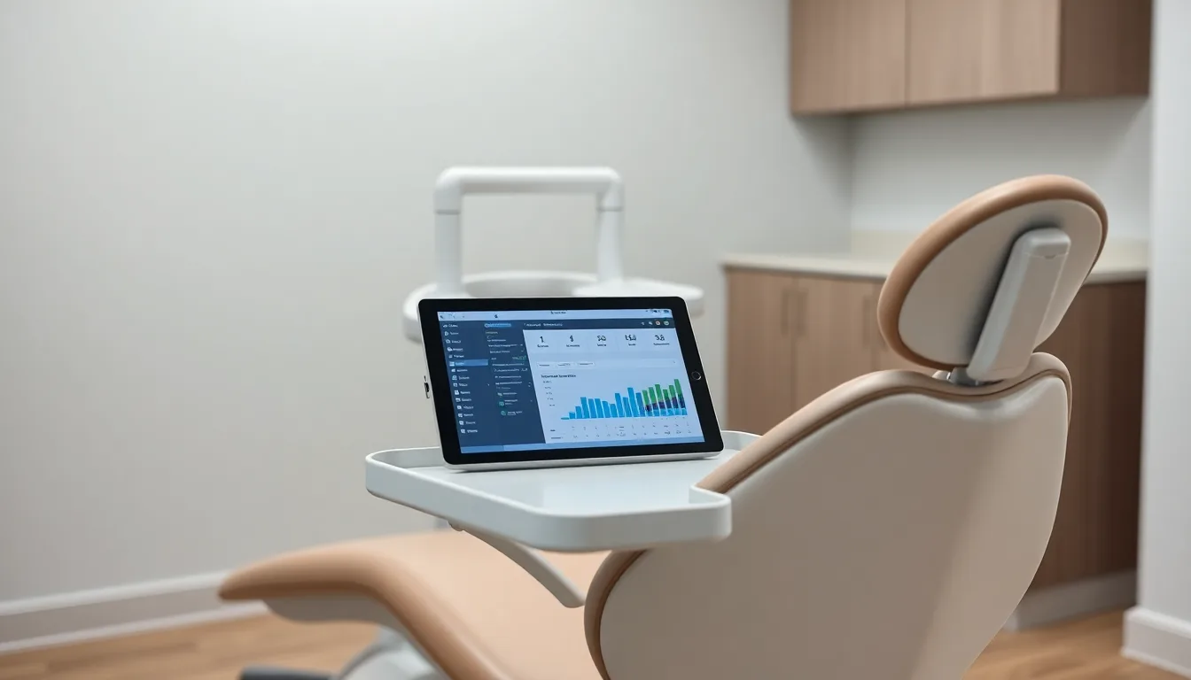 MapleDentists practice management dashboard on a tablet in a modern Canadian dental chair setup with soft clinic lighting
