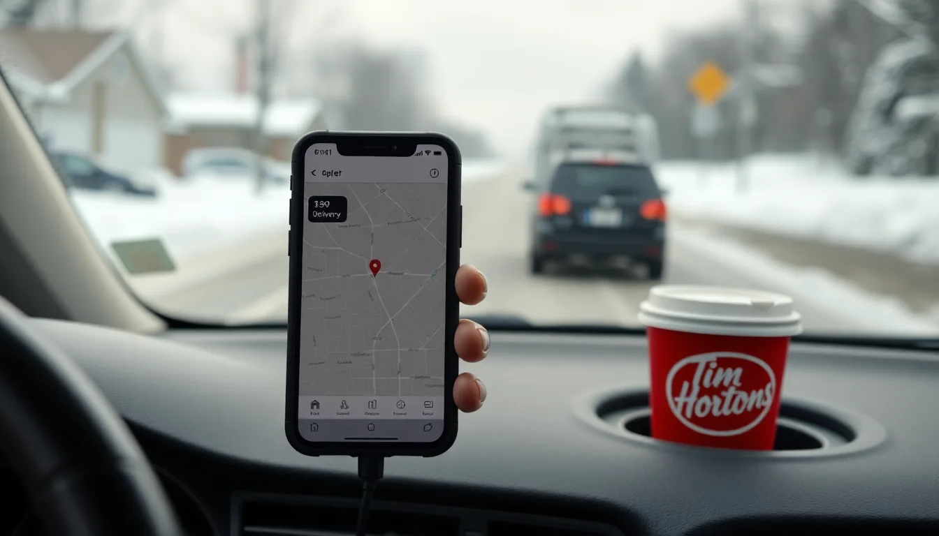 MapleDrive delivery app on a phone mounted to a car dashboard in snowy New Brunswick with a Tim Hortons cup in the holder
