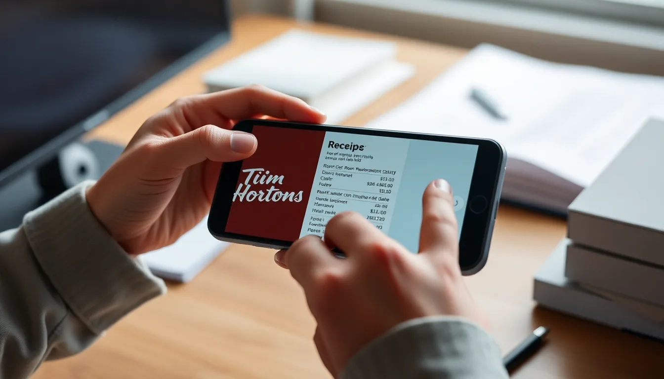Hands using MapleExpense to scan a Tim Hortons receipt with OCR overlay in a Canadian small business office