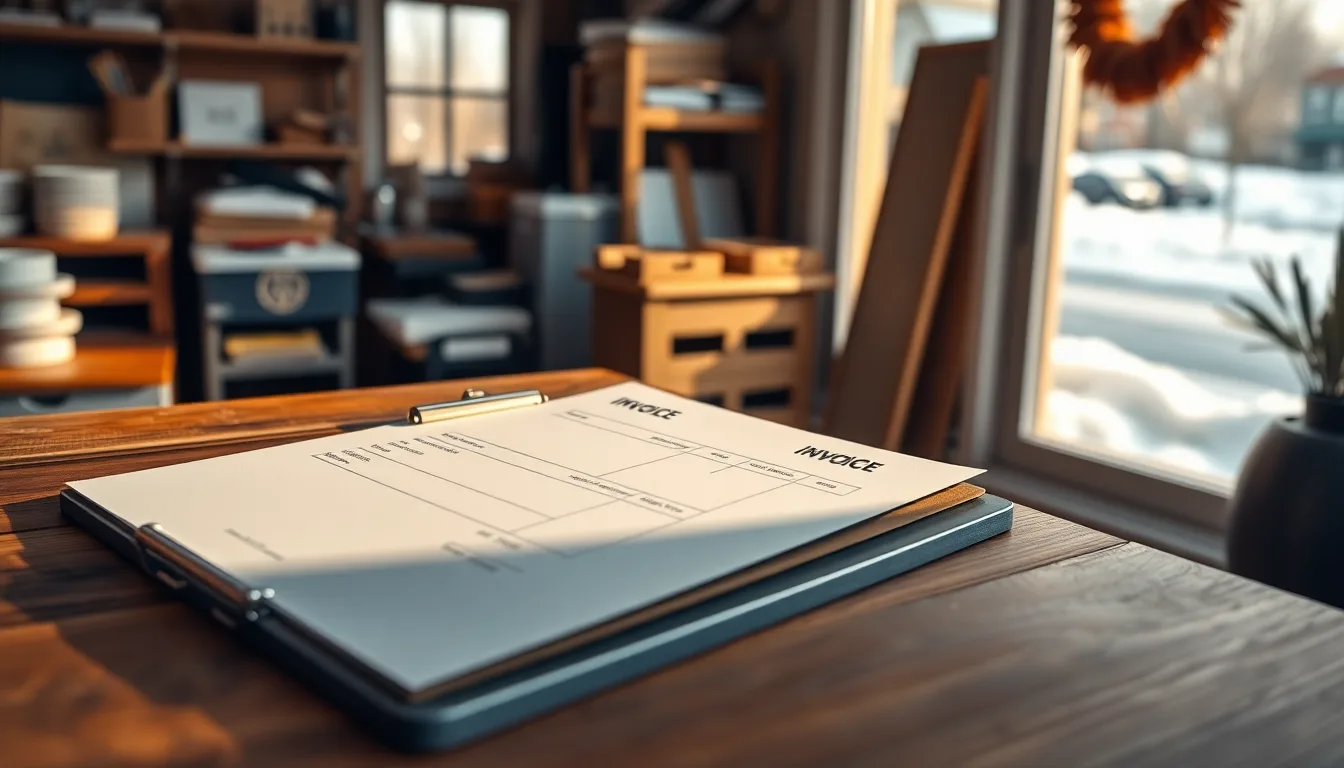 MapleInvoice Canadian invoice on a clipboard atop a wooden desk in a small Moncton workshop with snow outside the window