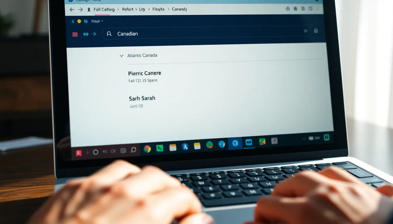 Canadian small business owner triaging MapleMail inbox on a laptop with bilingual sender names and Atlantic morning light