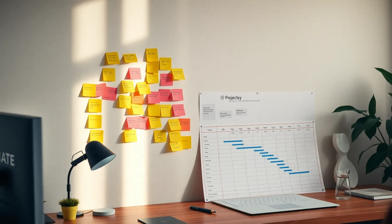 MapleProjects Gantt chart and sticky-note wall in a Canadian small business project manager desk setup