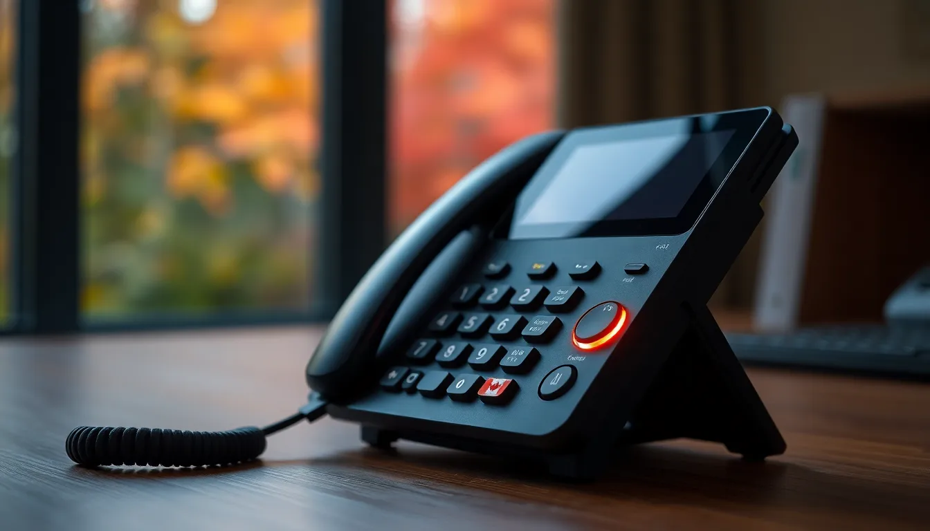 Desk phone with active-call indicator handling a MapleReceptionist AI call in a warm Canadian office with autumn foliage outside the window