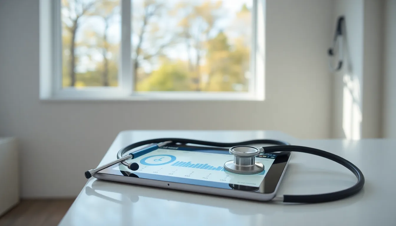 MapleTriage clinical dashboard on a tablet alongside a stethoscope in a Canadian medical practice with maple trees through the window