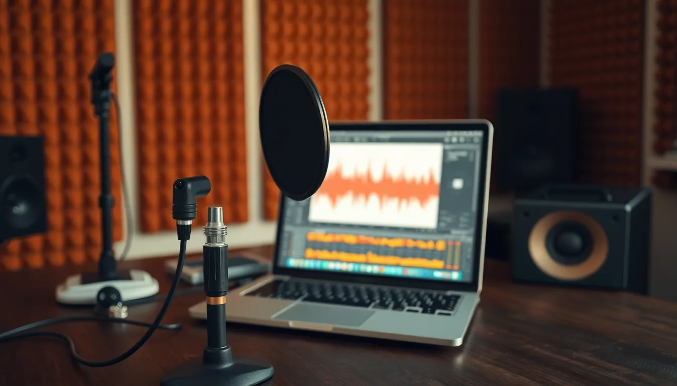 MapleVoice recording software waveform on a laptop next to a vintage broadcast microphone in a cozy Canadian podcast studio