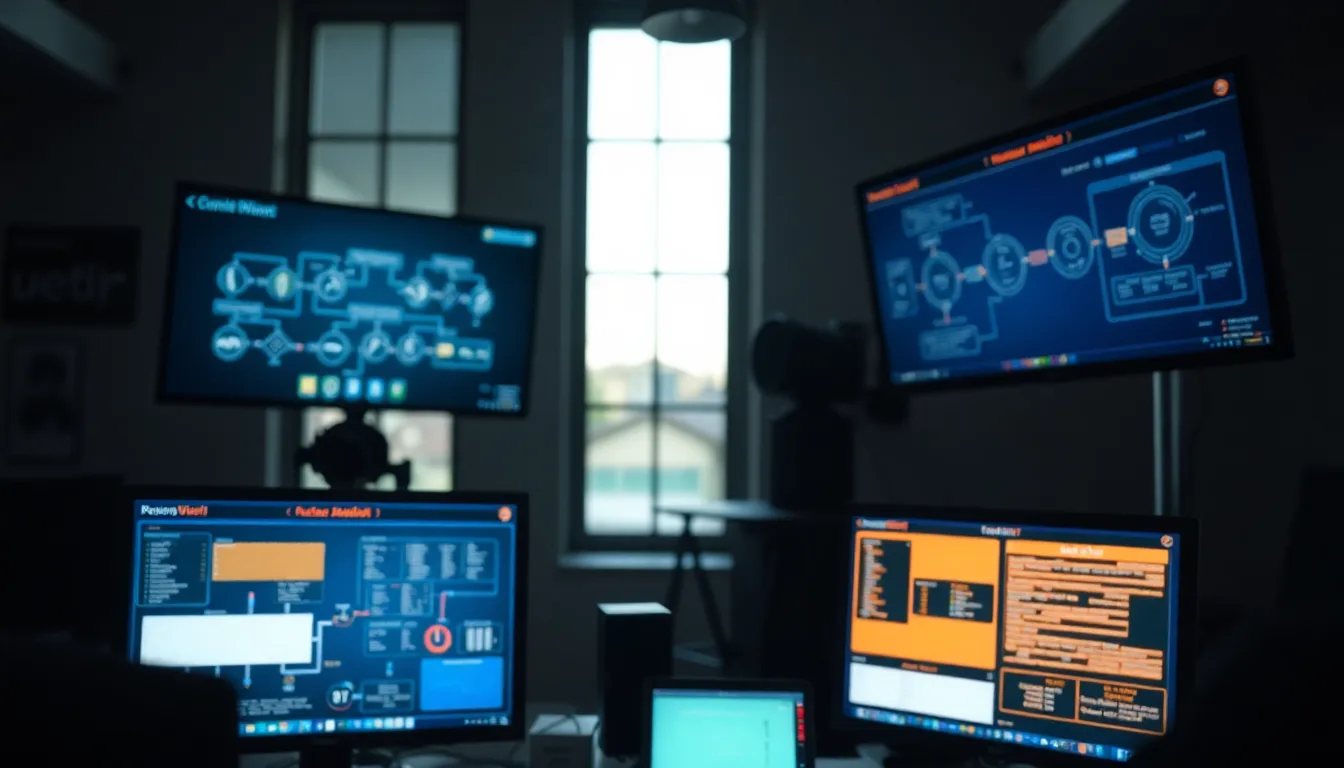 MapleWorkflow automation nodes and flowcharts shown across multiple monitors in a dimly lit Canadian small business office